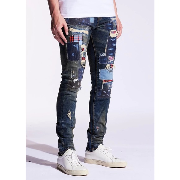 Embellish NYC Men's Rip & Repair Patchwork Distressed Skinny Fit Denim Jeans - Picture 2 of 6